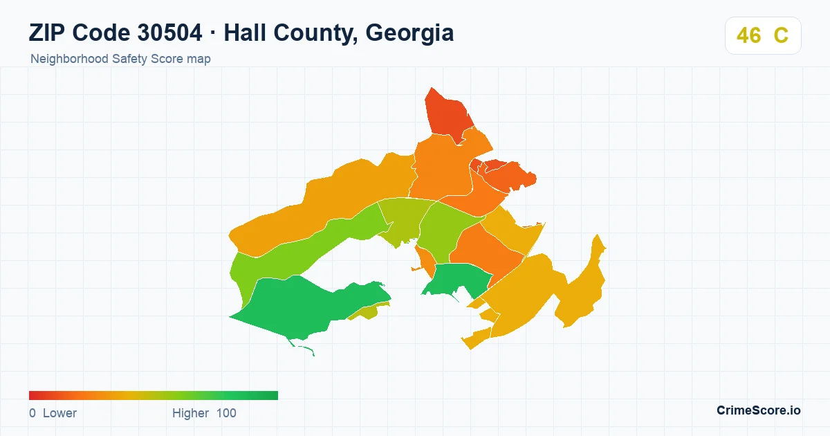 ZIP Code 30504 in Hall County, Georgia neighborhood Safety Score map