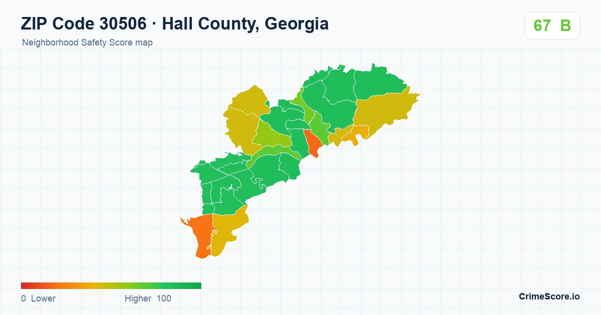 ZIP Code 30506 in Hall County, Georgia neighborhood Safety Score map