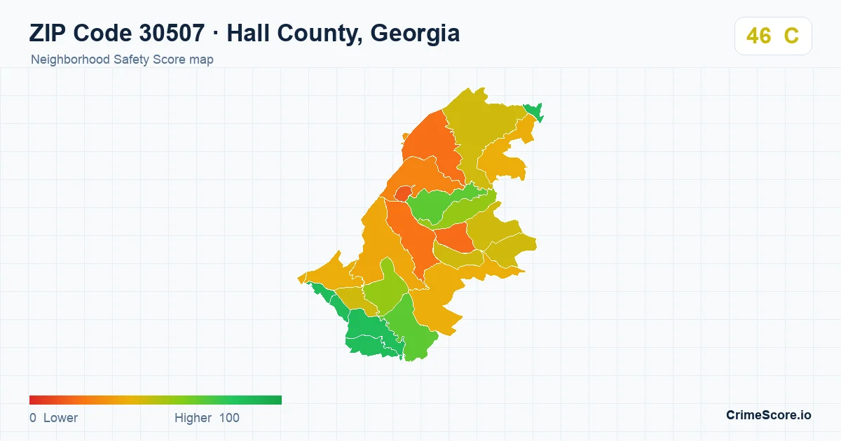 ZIP Code 30507 in Hall County, Georgia neighborhood Safety Score map