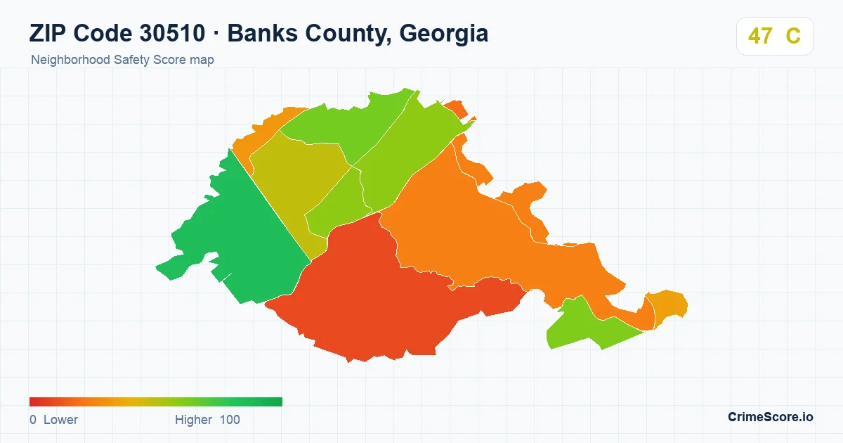 ZIP Code 30510 in Banks County, Georgia neighborhood Safety Score map