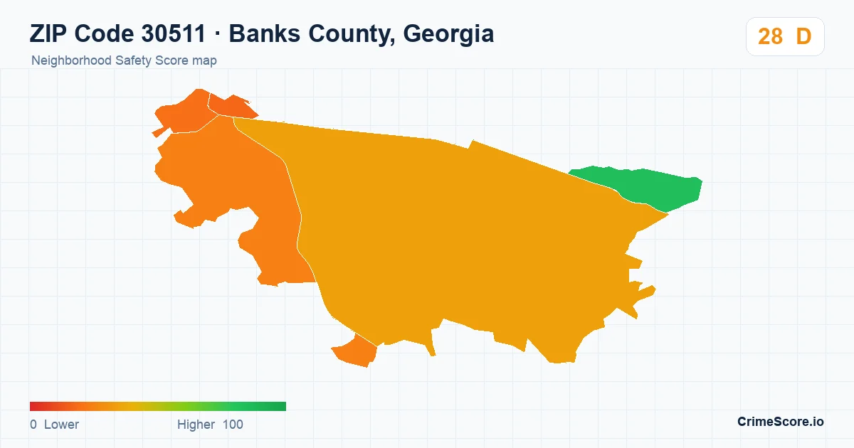 ZIP Code 30511 in Banks County, Georgia neighborhood Safety Score map
