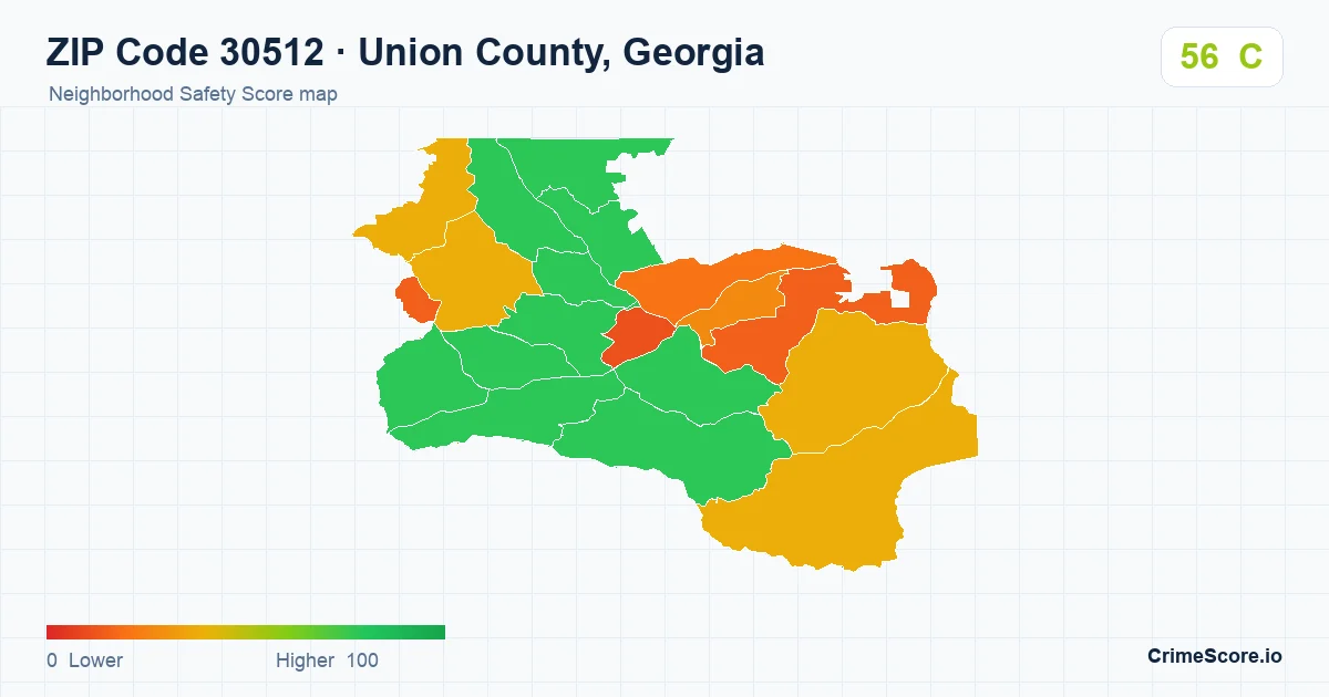 ZIP Code 30512 in Union County, Georgia neighborhood Safety Score map
