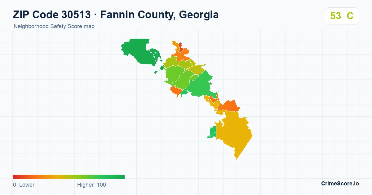 ZIP Code 30513 in Fannin County, Georgia neighborhood Safety Score map