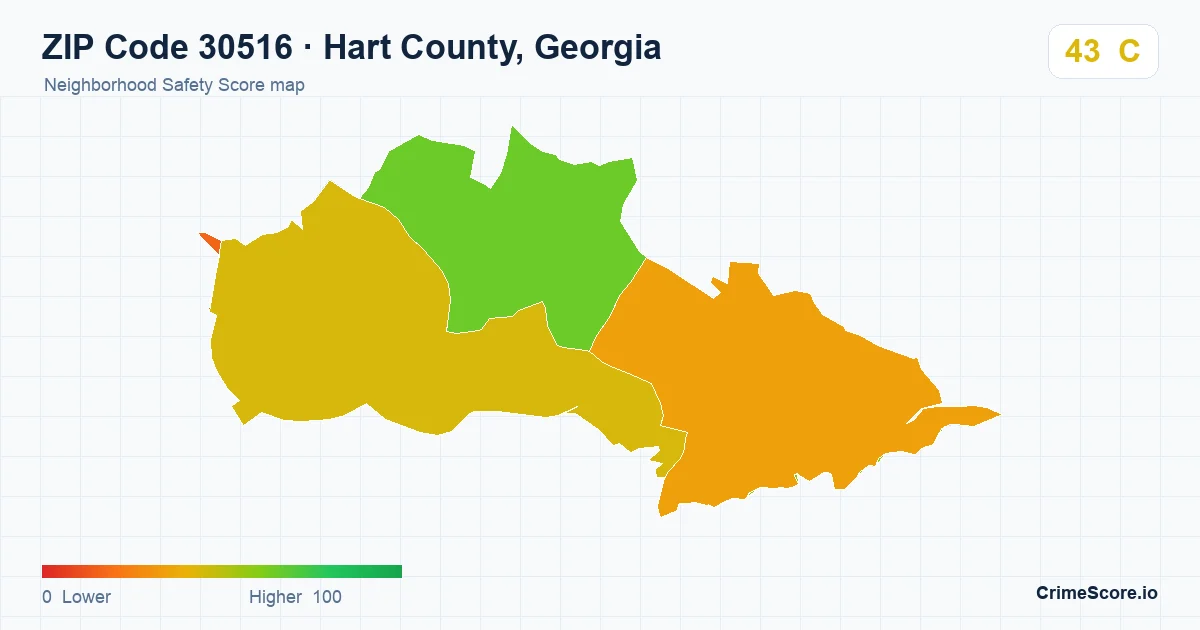 ZIP Code 30516 in Hart County, Georgia neighborhood Safety Score map