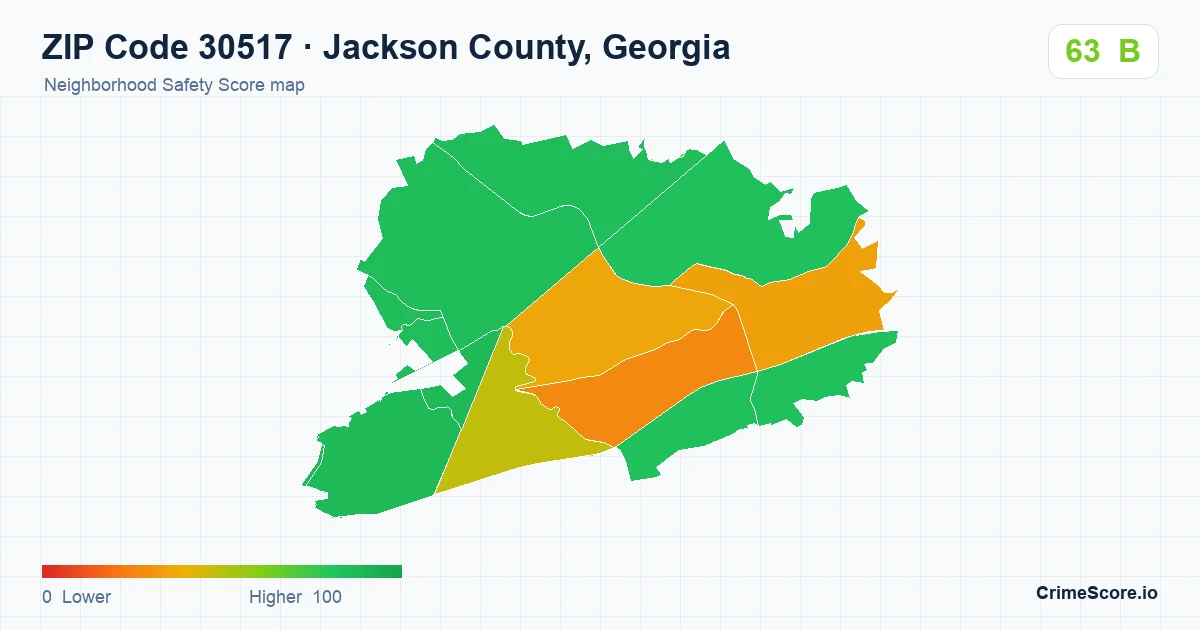 ZIP Code 30517 in Jackson County, Georgia neighborhood Safety Score map