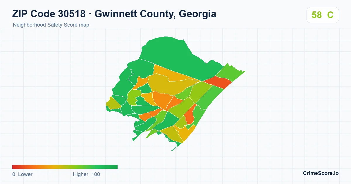 ZIP Code 30518 in Gwinnett County, Georgia neighborhood Safety Score map