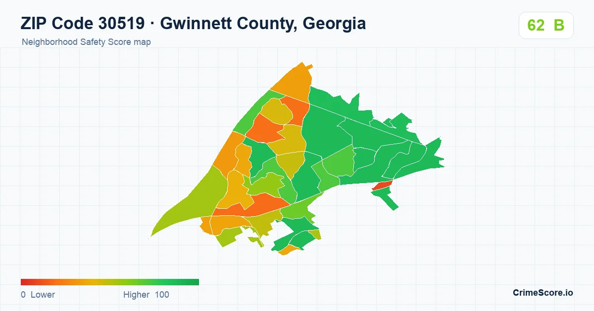 ZIP Code 30519 in Gwinnett County, Georgia neighborhood Safety Score map