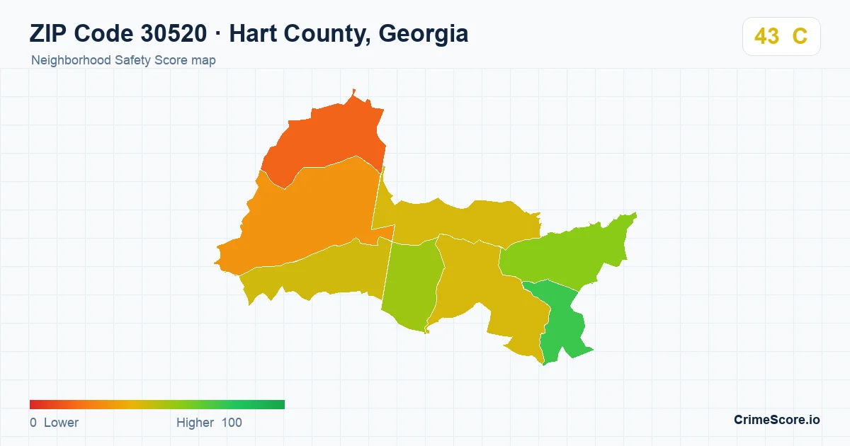 ZIP Code 30520 in Hart County, Georgia neighborhood Safety Score map