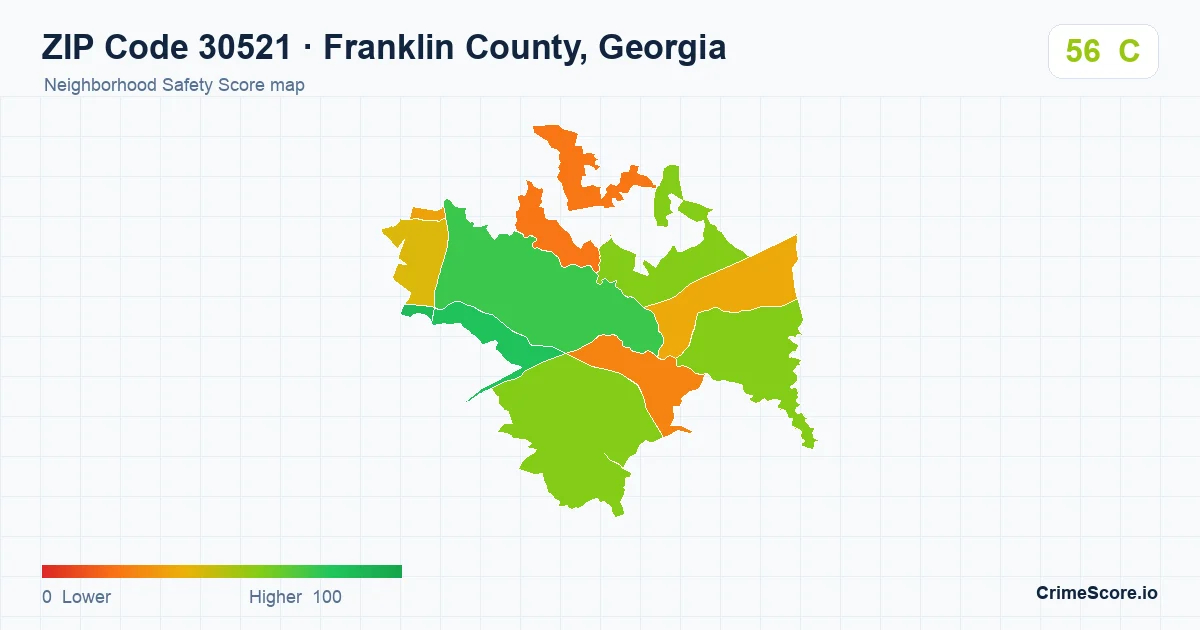 ZIP Code 30521 in Franklin County, Georgia neighborhood Safety Score map