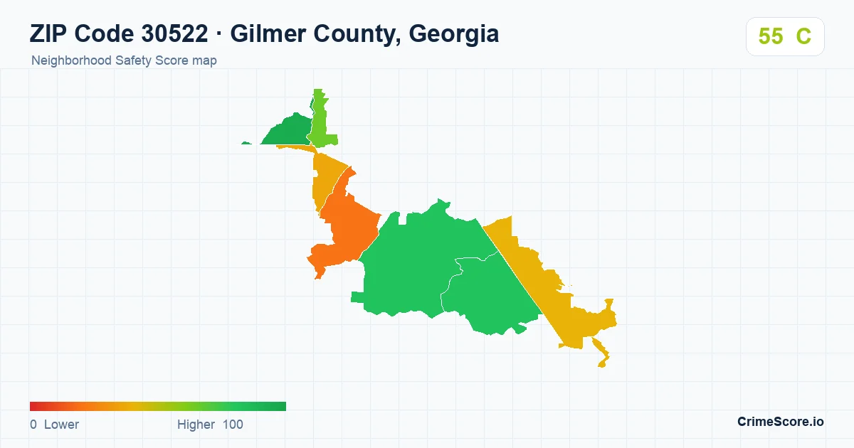 ZIP Code 30522 in Gilmer County, Georgia neighborhood Safety Score map