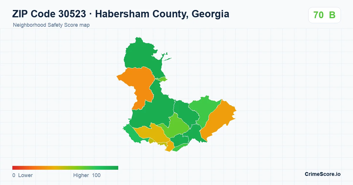 ZIP Code 30523 in Habersham County, Georgia neighborhood Safety Score map