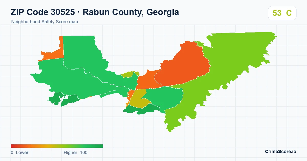 ZIP Code 30525 in Rabun County, Georgia neighborhood Safety Score map