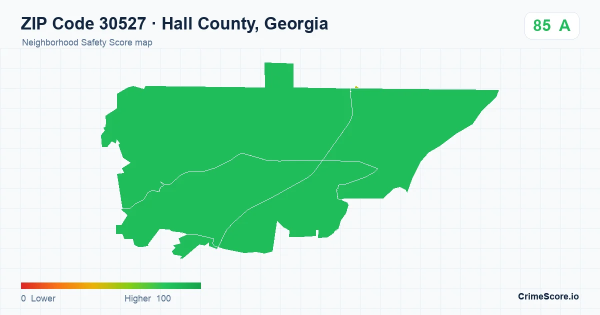 ZIP Code 30527 in Hall County, Georgia neighborhood Safety Score map