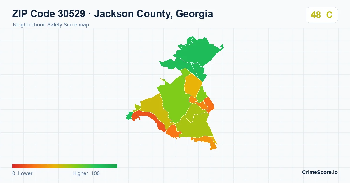 ZIP Code 30529 in Jackson County, Georgia neighborhood Safety Score map