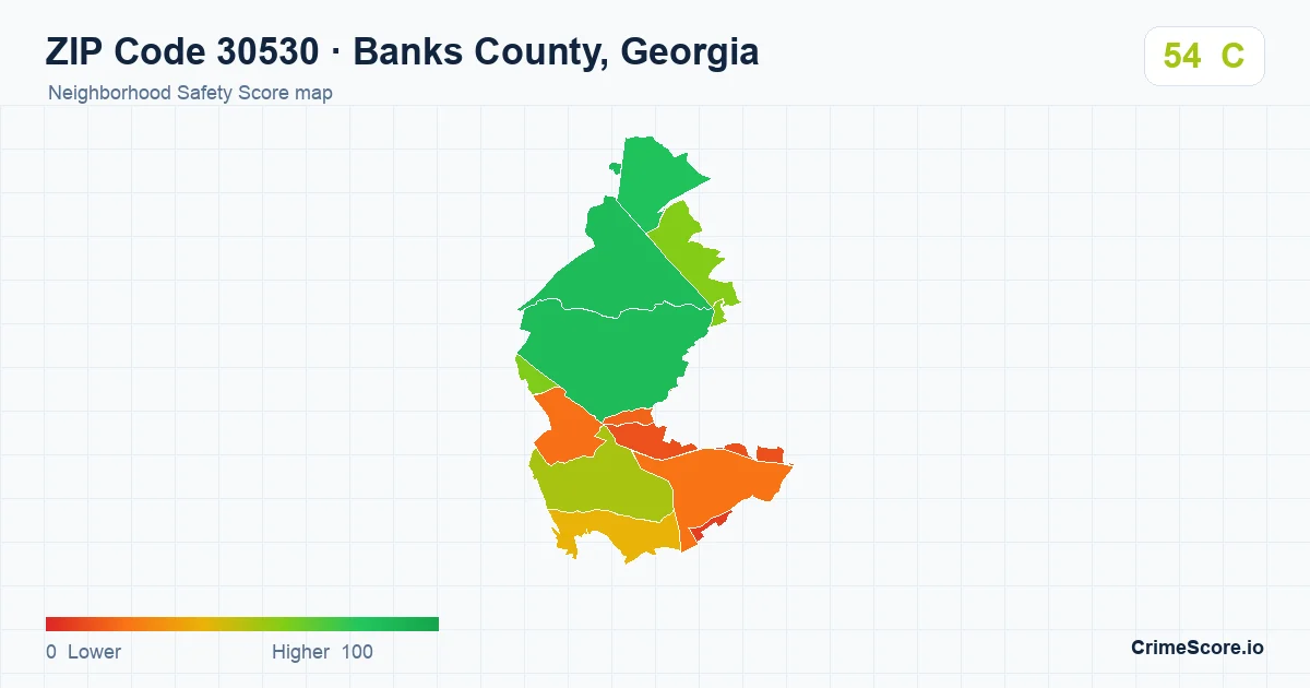 ZIP Code 30530 in Banks County, Georgia neighborhood Safety Score map