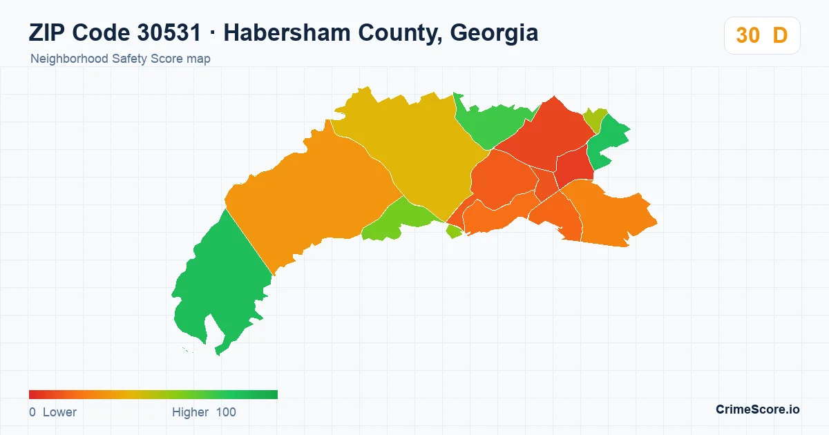ZIP Code 30531 in Habersham County, Georgia neighborhood Safety Score map