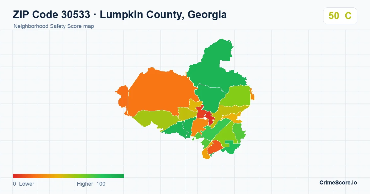 ZIP Code 30533 in Lumpkin County, Georgia neighborhood Safety Score map