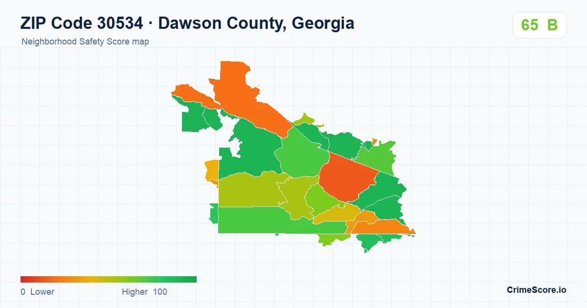 ZIP Code 30534 in Dawson County, Georgia neighborhood Safety Score map