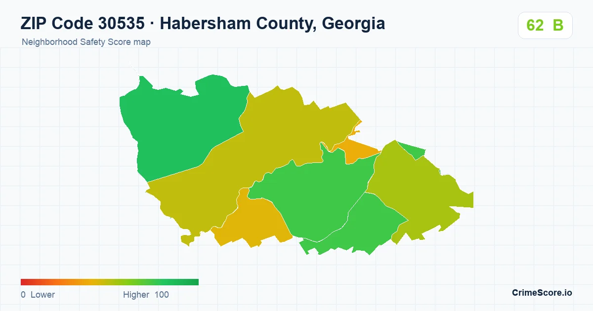 ZIP Code 30535 in Habersham County, Georgia neighborhood Safety Score map