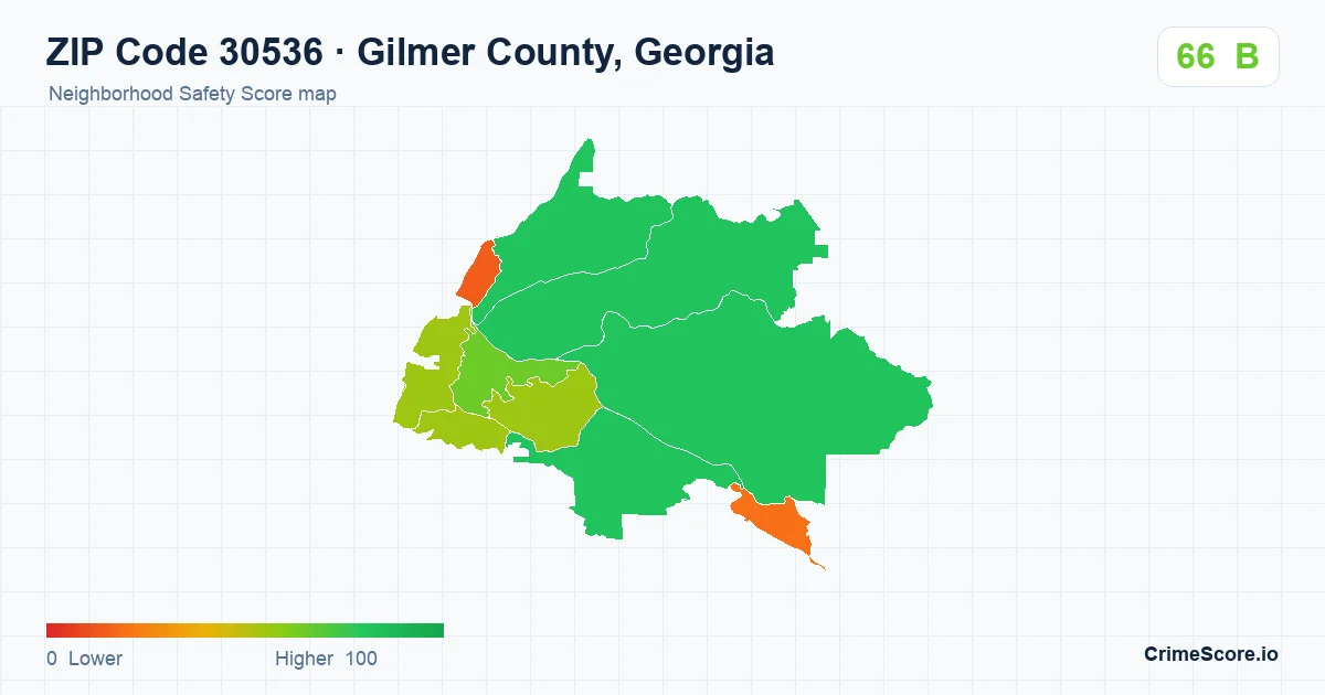 ZIP Code 30536 in Gilmer County, Georgia neighborhood Safety Score map