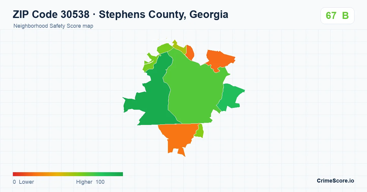 ZIP Code 30538 in Stephens County, Georgia neighborhood Safety Score map