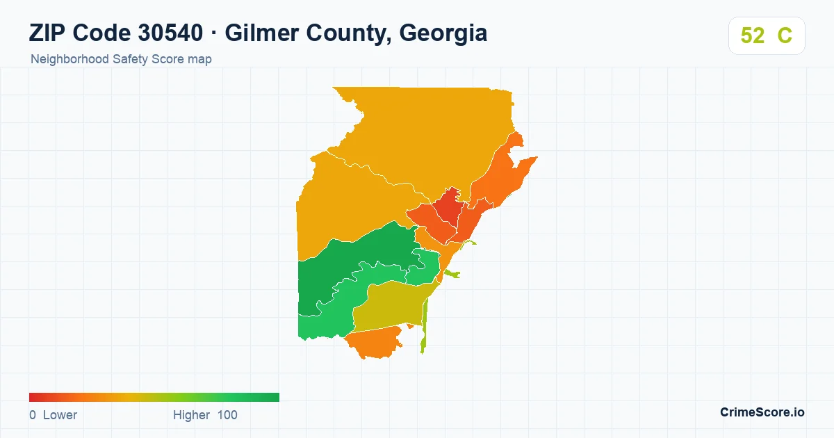 ZIP Code 30540 in Gilmer County, Georgia neighborhood Safety Score map