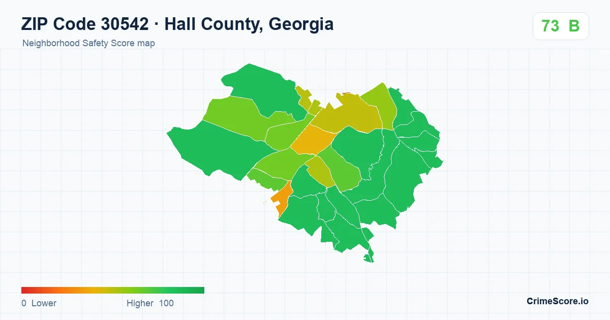 ZIP Code 30542 in Hall County, Georgia neighborhood Safety Score map