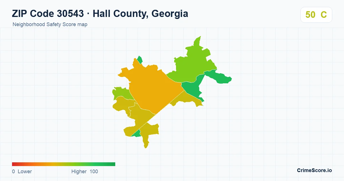 ZIP Code 30543 in Hall County, Georgia neighborhood Safety Score map