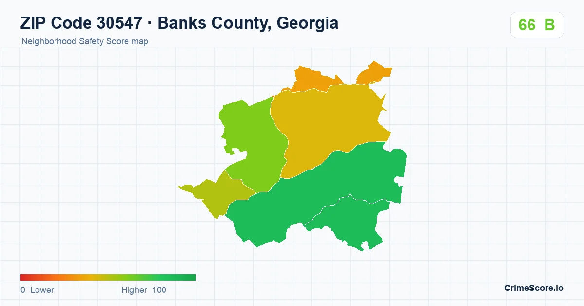 ZIP Code 30547 in Banks County, Georgia neighborhood Safety Score map