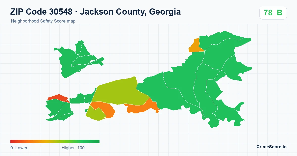 ZIP Code 30548 in Jackson County, Georgia neighborhood Safety Score map
