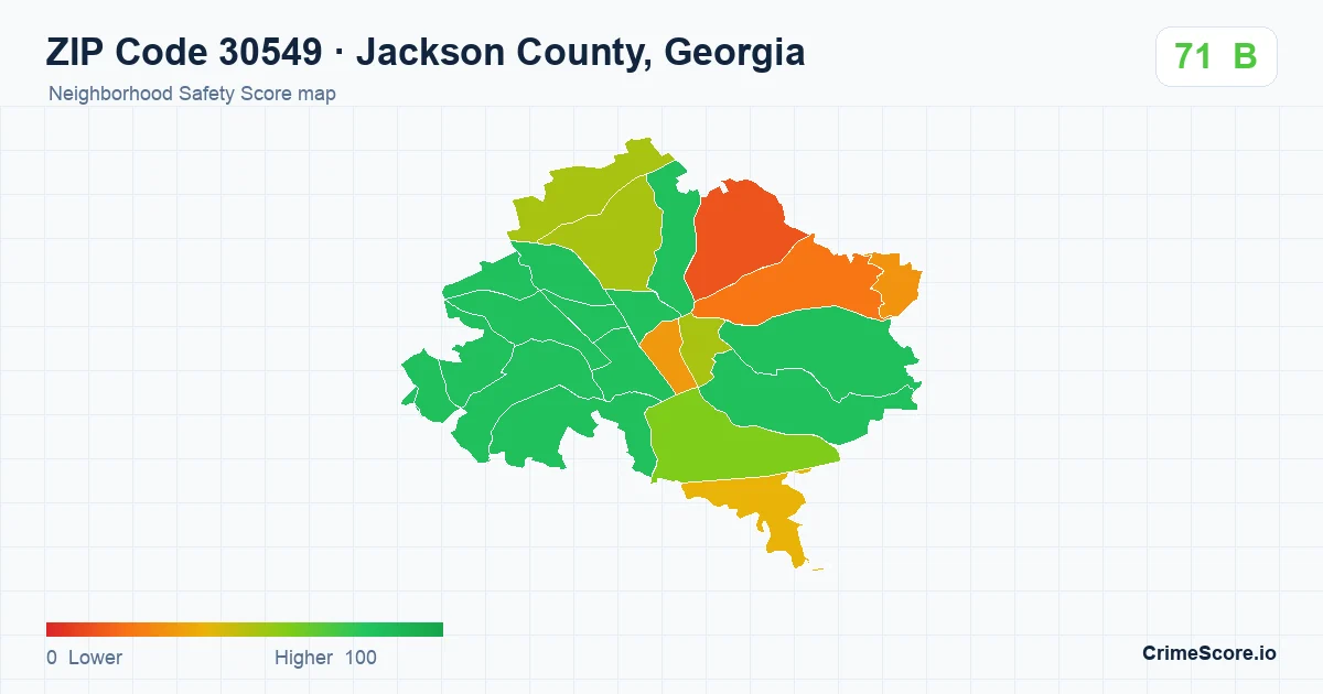 ZIP Code 30549 in Jackson County, Georgia neighborhood Safety Score map