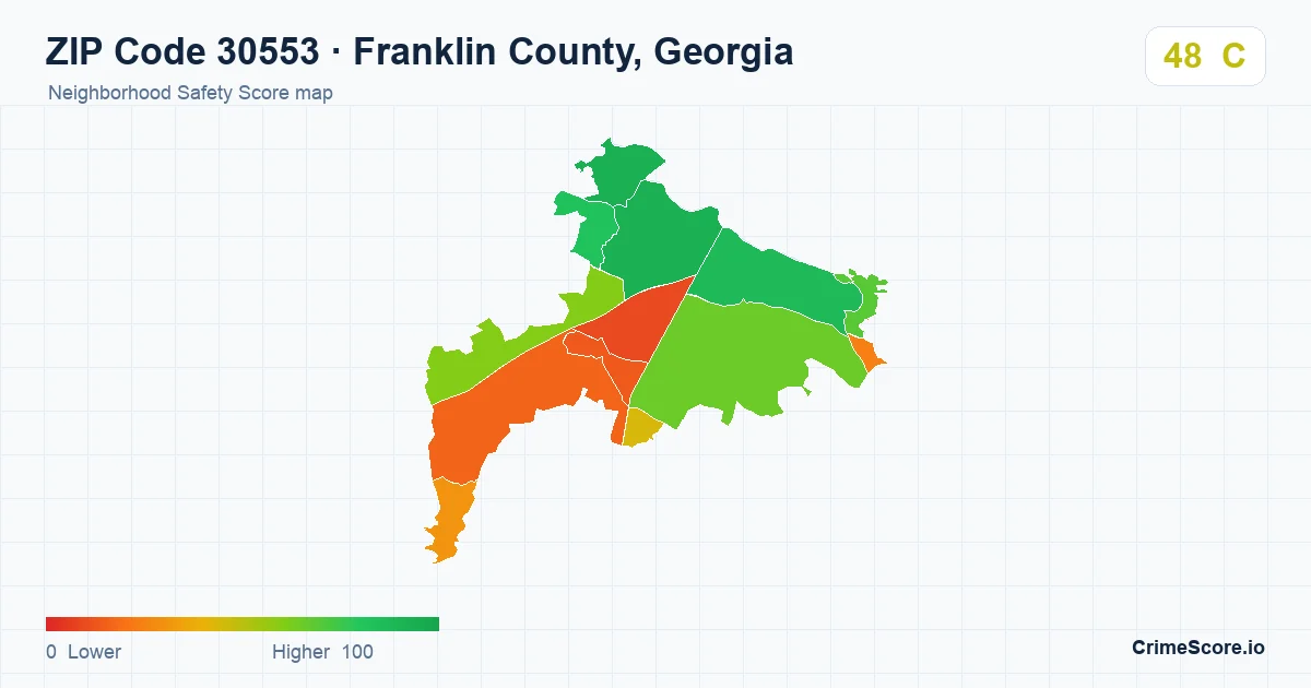 ZIP Code 30553 in Franklin County, Georgia neighborhood Safety Score map