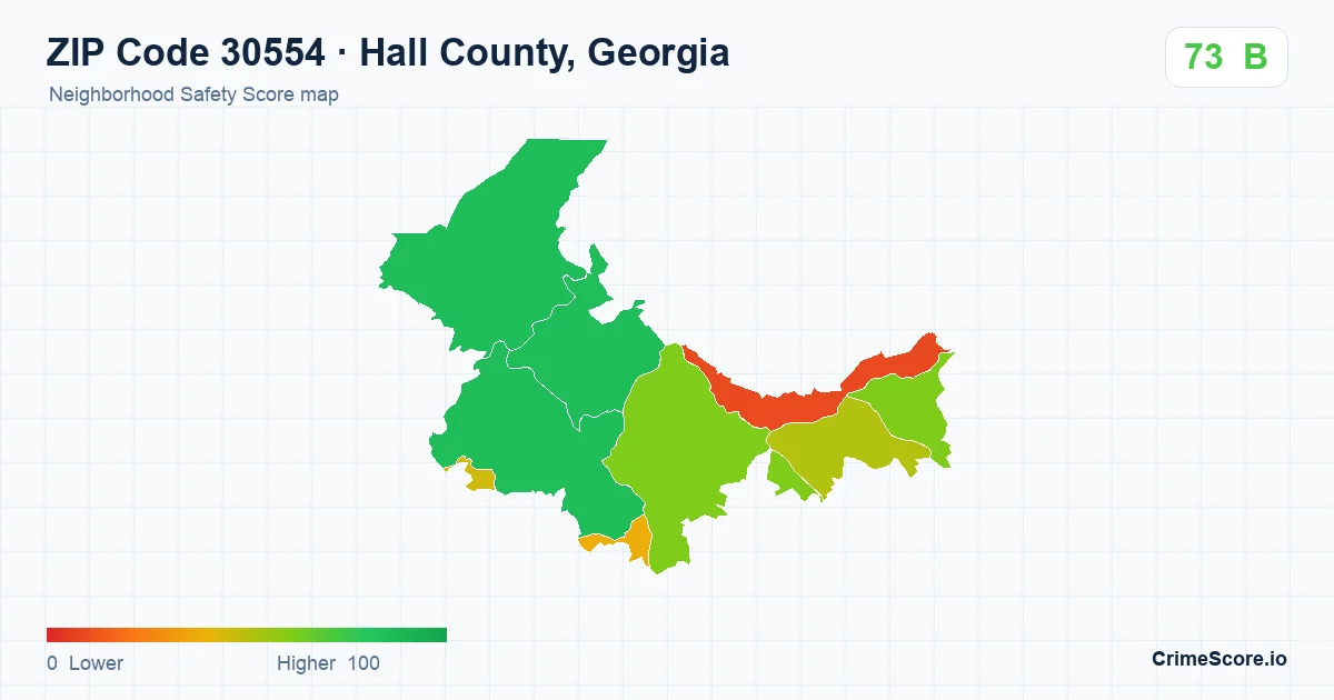 ZIP Code 30554 in Hall County, Georgia neighborhood Safety Score map