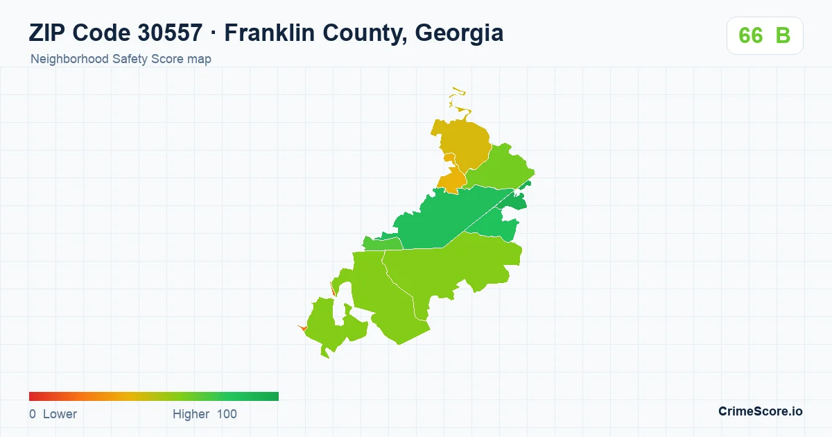 ZIP Code 30557 in Franklin County, Georgia neighborhood Safety Score map