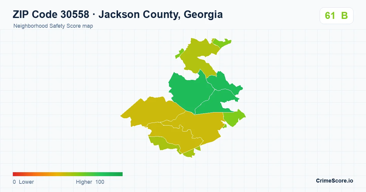 ZIP Code 30558 in Jackson County, Georgia neighborhood Safety Score map