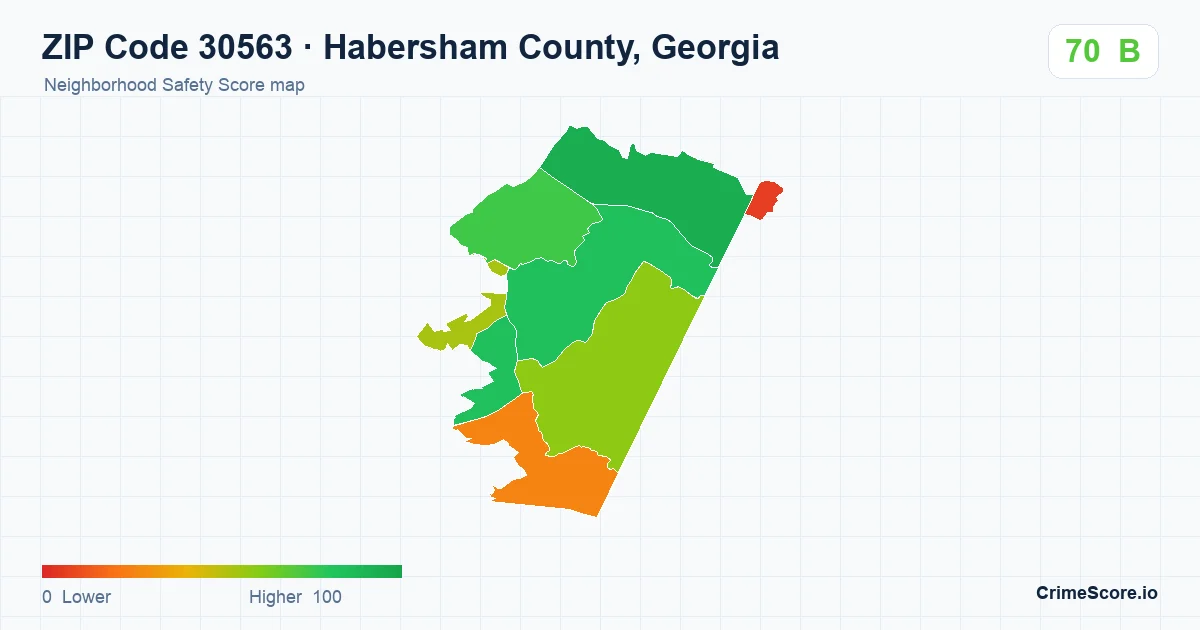 ZIP Code 30563 in Habersham County, Georgia neighborhood Safety Score map