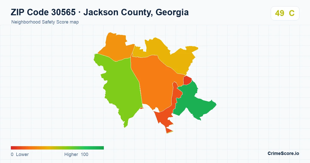 ZIP Code 30565 in Jackson County, Georgia neighborhood Safety Score map