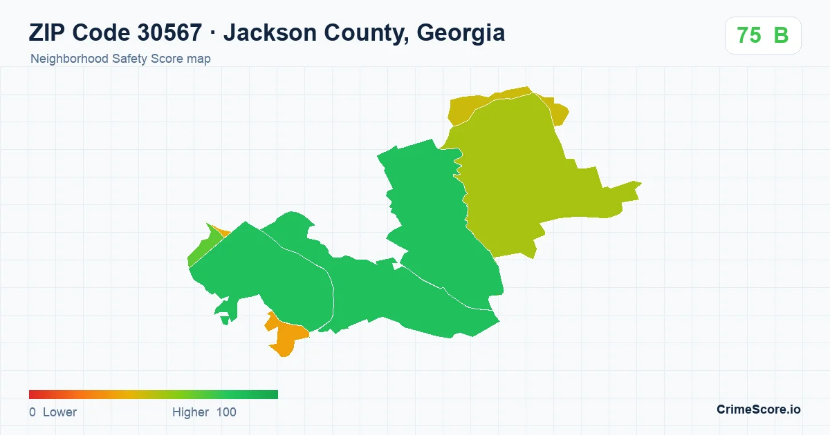 ZIP Code 30567 in Jackson County, Georgia neighborhood Safety Score map