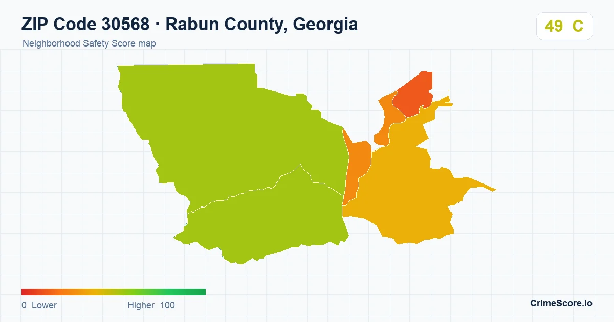 ZIP Code 30568 in Rabun County, Georgia neighborhood Safety Score map