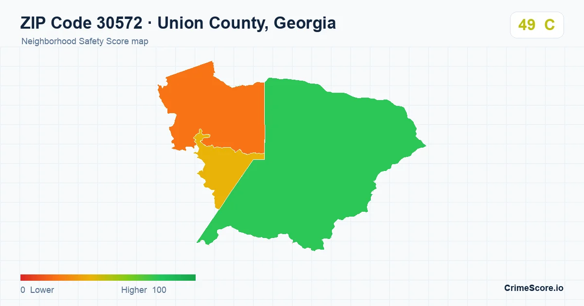 ZIP Code 30572 in Union County, Georgia neighborhood Safety Score map