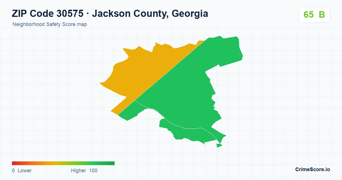 ZIP Code 30575 in Jackson County, Georgia neighborhood Safety Score map
