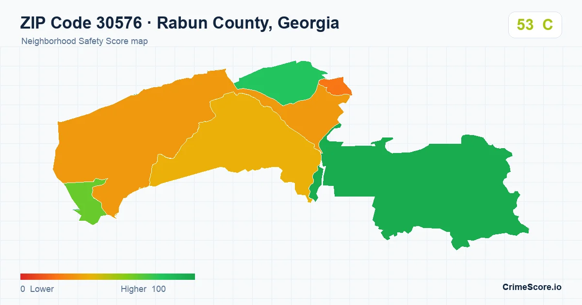 ZIP Code 30576 in Rabun County, Georgia neighborhood Safety Score map
