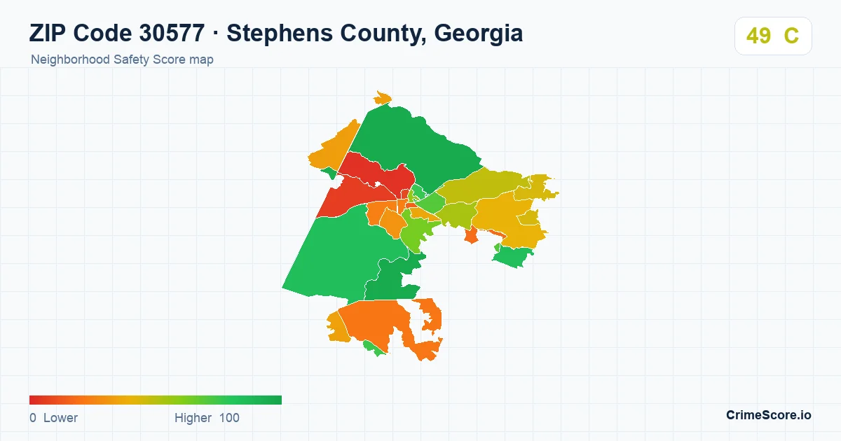 ZIP Code 30577 in Stephens County, Georgia neighborhood Safety Score map