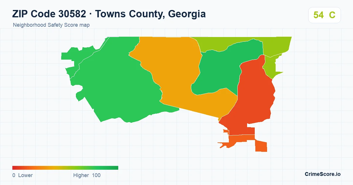 ZIP Code 30582 in Towns County, Georgia neighborhood Safety Score map