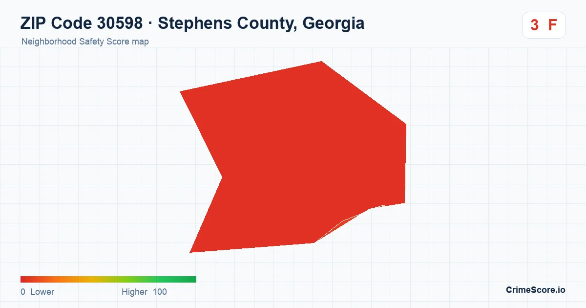 ZIP Code 30598 in Stephens County, Georgia neighborhood Safety Score map
