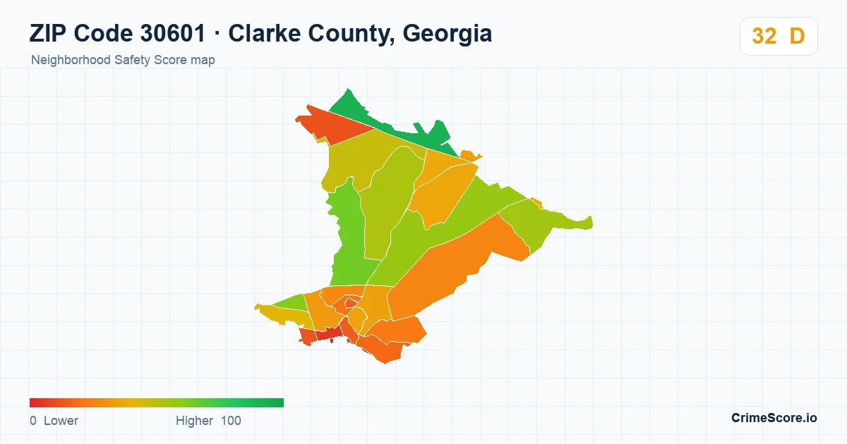 ZIP Code 30601 in Clarke County, Georgia neighborhood Safety Score map