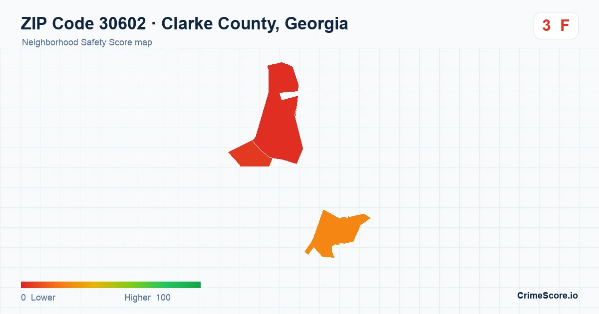 ZIP Code 30602 in Clarke County, Georgia neighborhood Safety Score map