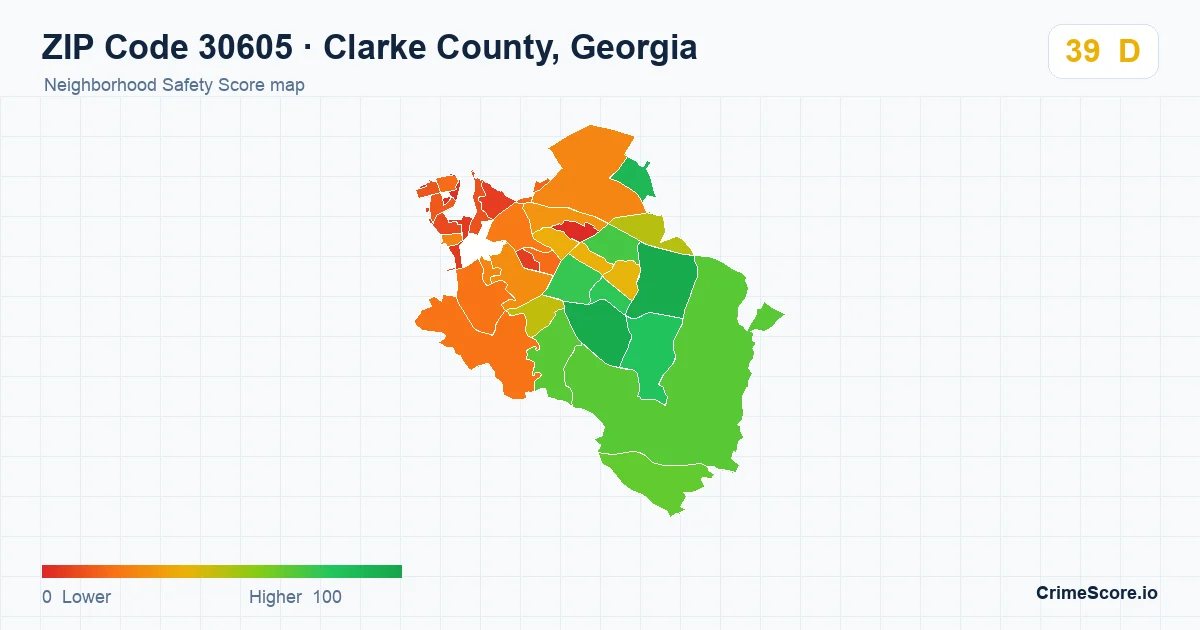 ZIP Code 30605 in Clarke County, Georgia neighborhood Safety Score map