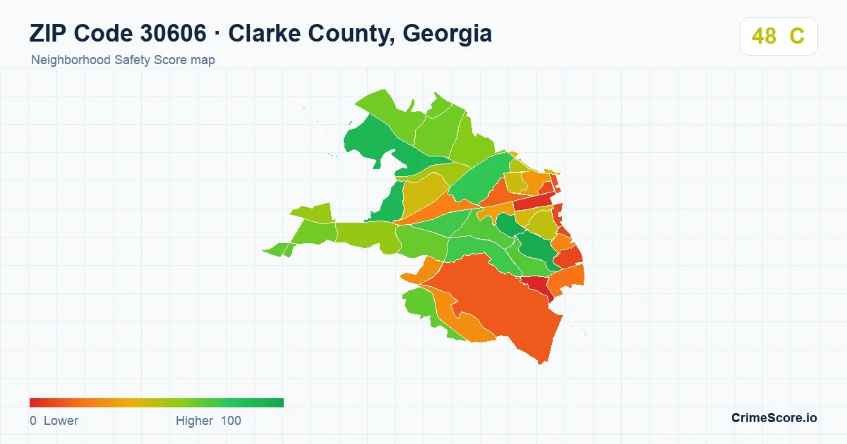 ZIP Code 30606 in Clarke County, Georgia neighborhood Safety Score map