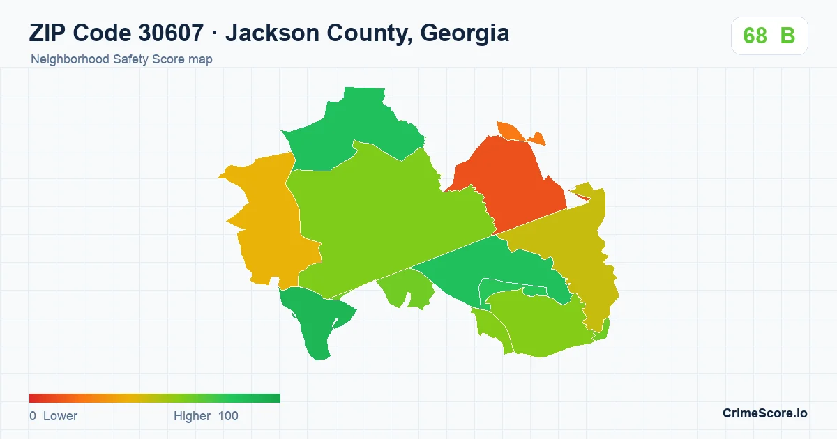 ZIP Code 30607 in Jackson County, Georgia neighborhood Safety Score map